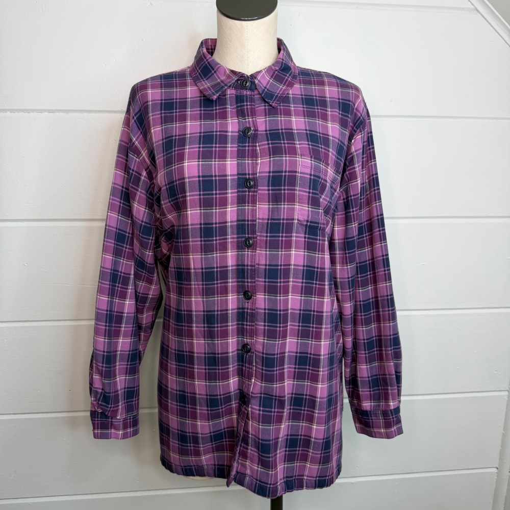 LL Bean‎ 1X Purple Flannel Fleece Lined Shirt Jacket Button Up Long Sleeves